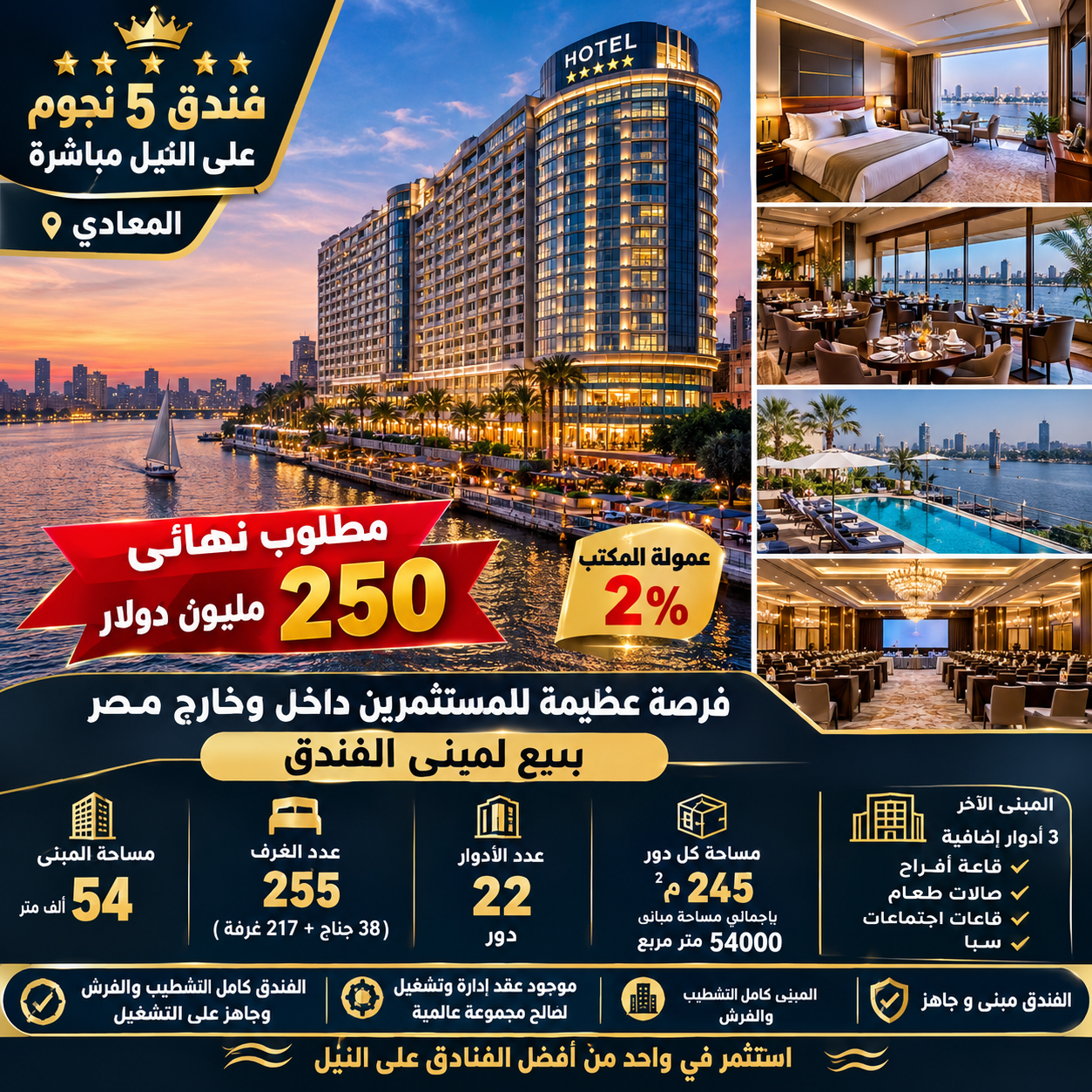 🔥 فرصة استثمارية عالمية | فندق 5 نجوم على النيل مباشرة بالمعادي للبيع مقابل 250 مليون دولار! 💰🏨